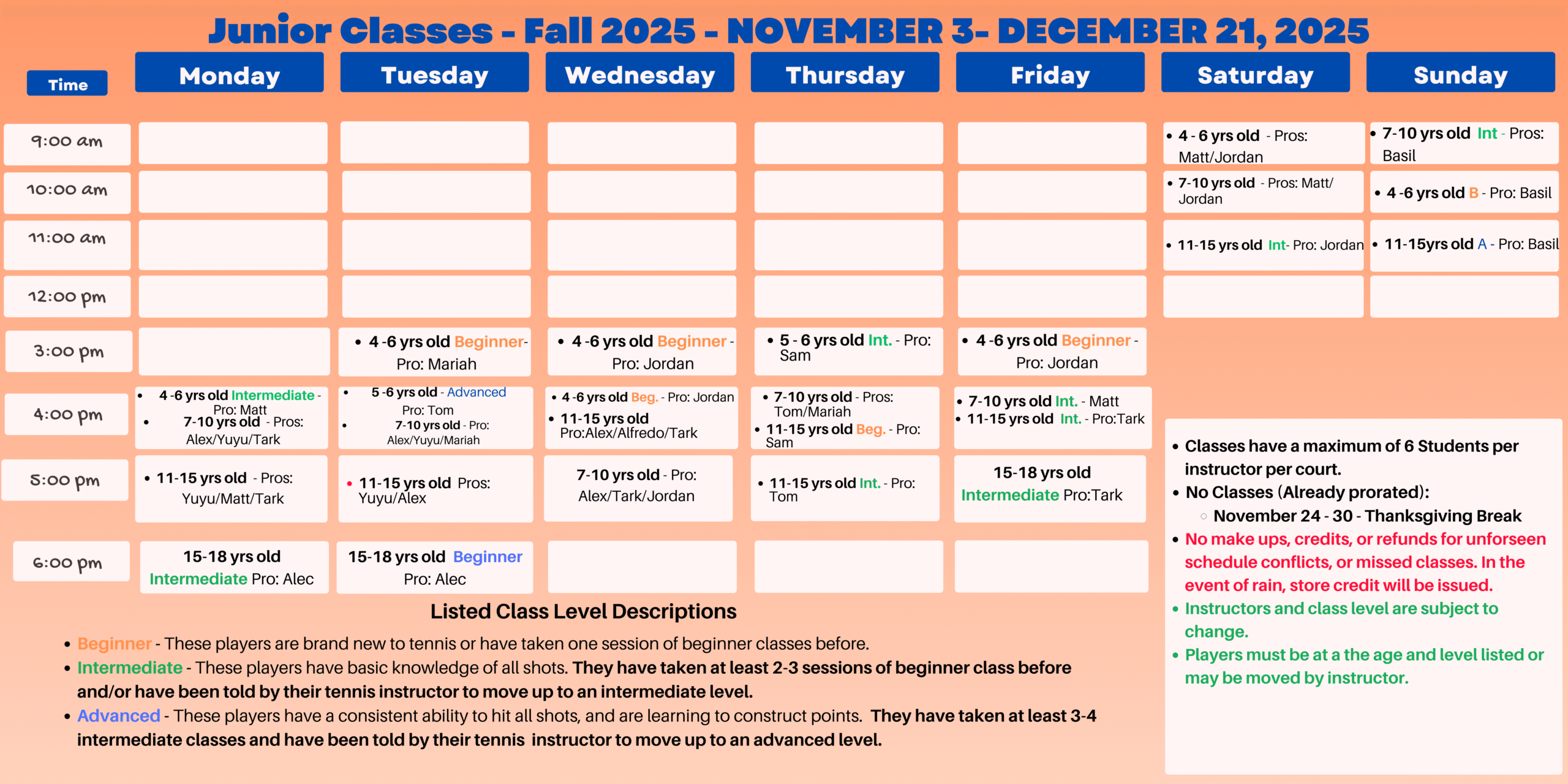 rest of fall session junior LEVELS